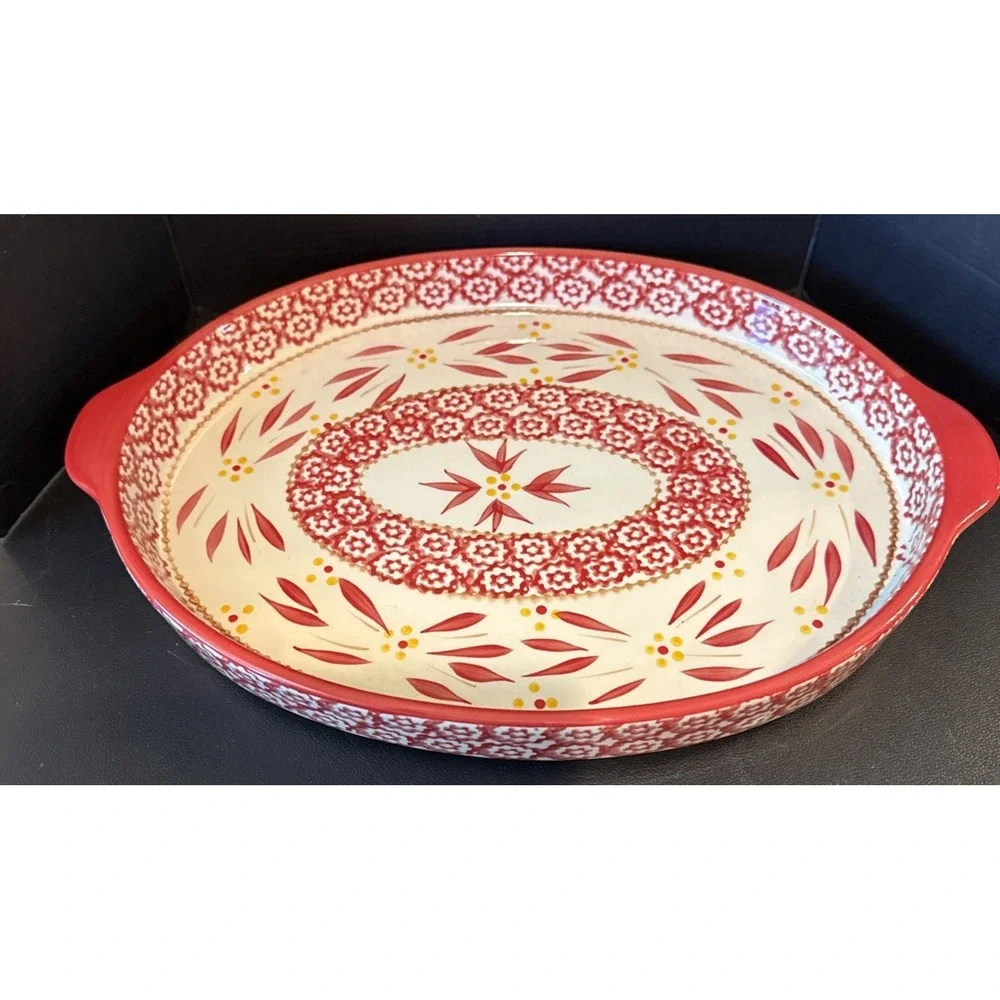 TempTations Ovenware Old World Red Floral Oval‎ Handles Platter 14 Inch